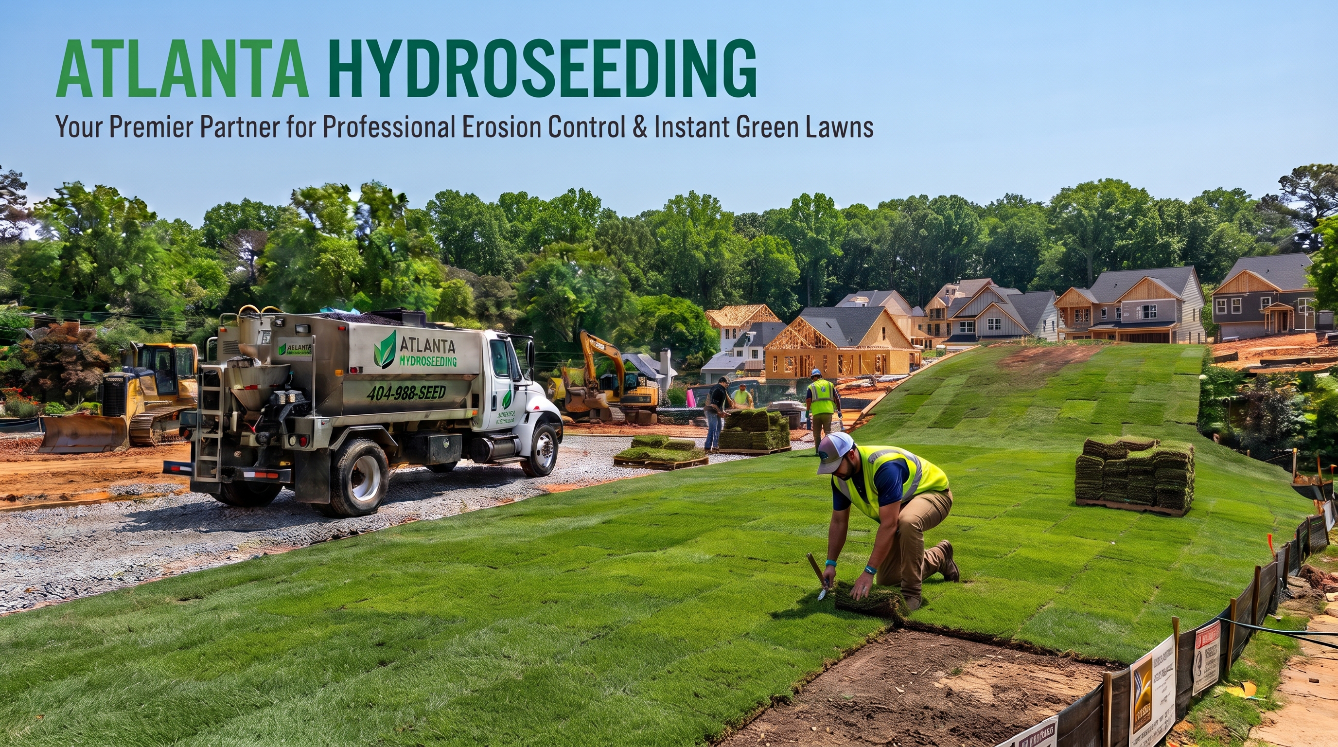 New home construction site in Atlanta with hydroseeding equipment installing fresh green lawn